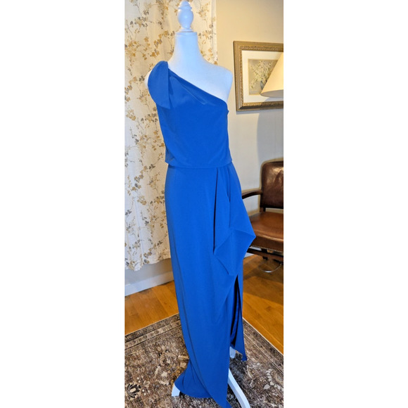 Halston Heritage Blue Crepe One Shoulder Evening Gown 4 Cocktail Formal Gala - Picture 2 of 10